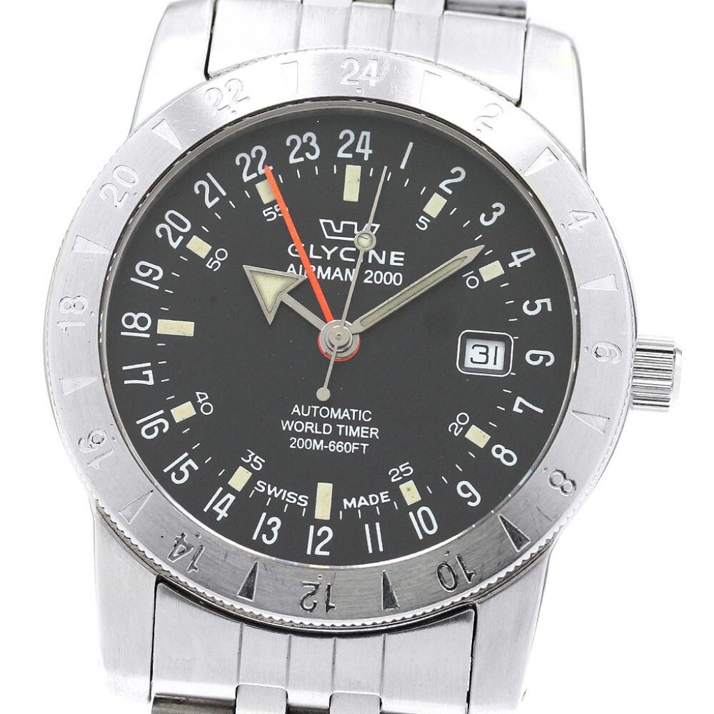 Glycine Airman 2000 3764 Gmt Date Black Dial Automatic Mens Watch